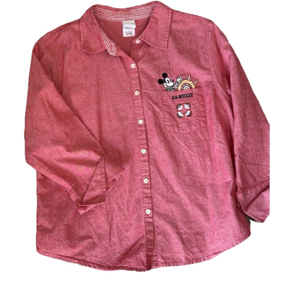 Vintage Disney Shirt Women XL Red Chambray Steamboat Willy SS Mickey Embroidered